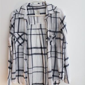 American Eagle Outfitters Navy and White Plaid Boyfriend Shirt